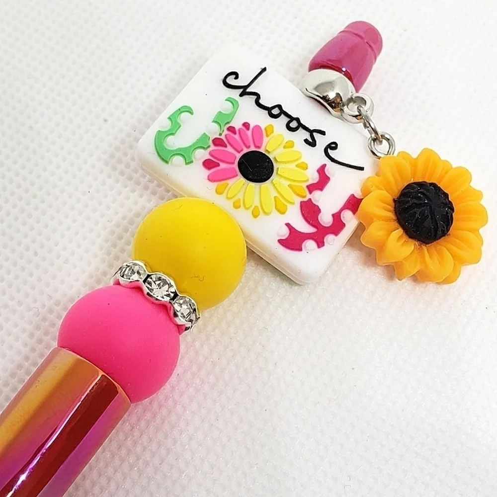 Handmade UV Iridescent Choose Joy Sunflower Beaded Silicone Focal Bead Pen